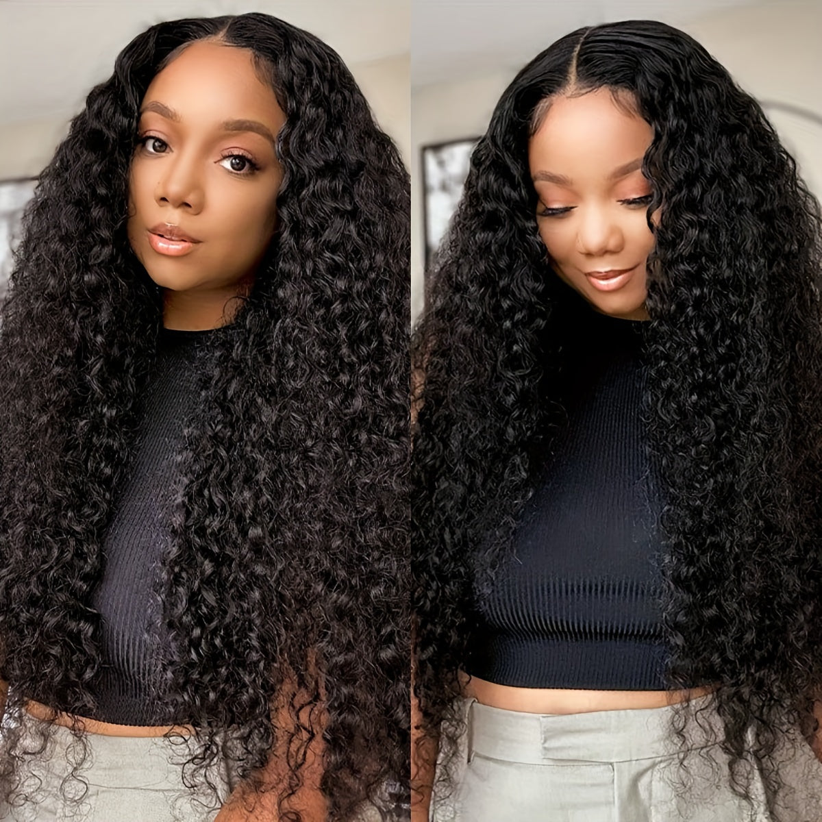 Ldjoy Pre-Cut Curly Glueless 5x5 / 4x6  HD Lace Closure Wig Natural Black Human Hair Wig