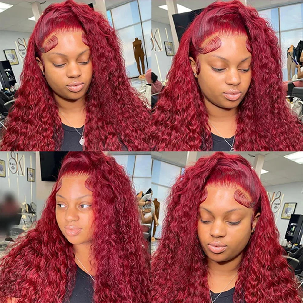 Ldjoy Curly Burgundy Human Hair Brazilian Red Color Deep Wave 13x4 Lace Front Human Hair Wigs For Women