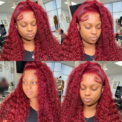 Ldjoy Curly Burgundy Human Hair Brazilian Red Color Deep Wave 13x4 Lace Front Human Hair Wigs For Women