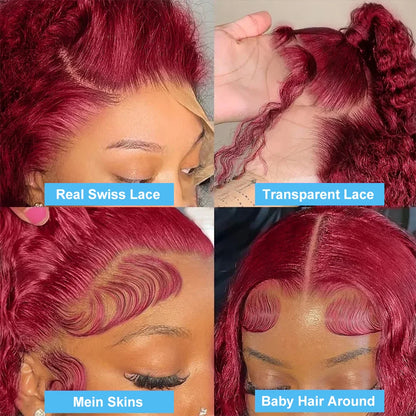 Ldjoy Curly Burgundy Human Hair Brazilian Red Color Deep Wave 13x4 Lace Front Human Hair Wigs For Women