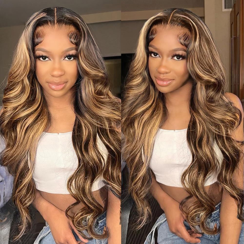 Ldjoy Body Wave P4/27 Color 13x6 Transparent Lace Front Highlight Ombre Brown Honey Blonde Wigs