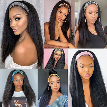 Ldjoy Kinky Straight Headband Wig Natural Black Human Virgin Hair For Women 180% Density