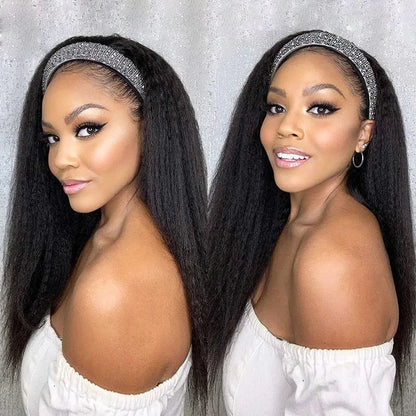 Ldjoy Kinky Straight Headband Wig Natural Black Human Virgin Hair For Women 180% Density