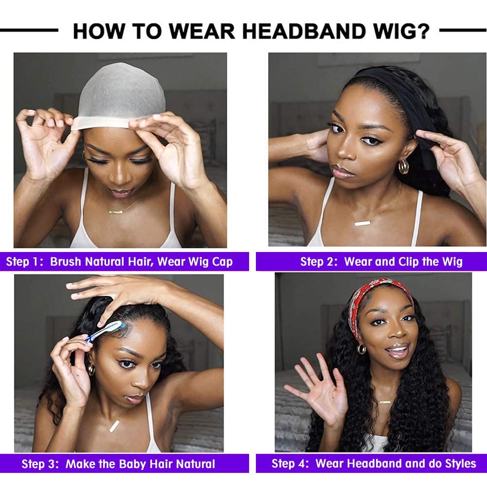 Ldjoy Loose Deep Wave Headband Wig Natural Black Human Virgin Hair For Women 180% Density
