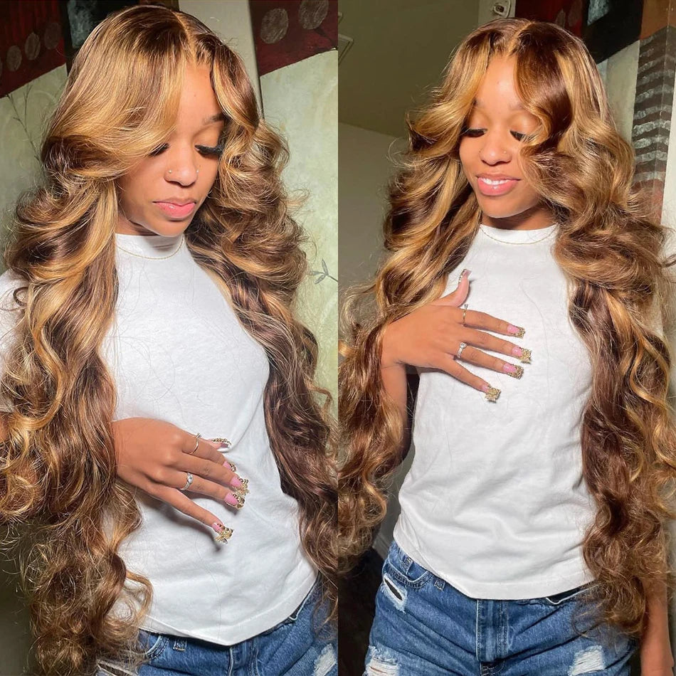 Ldjoy Wigs Highlight Body Wave Wig P4/27 Color 4x4 Transparent Lace Closure Wigs Human Hair for Black Women
