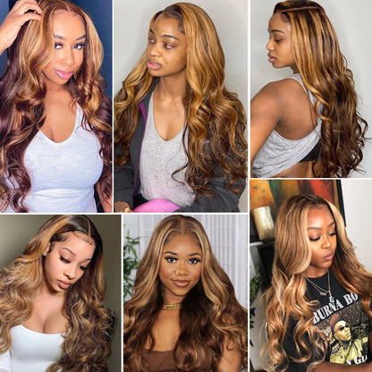 Ldjoy Wigs Highlight Body Wave Wig P4/27 Color 4x4 Transparent Lace Closure Wigs Human Hair for Black Women