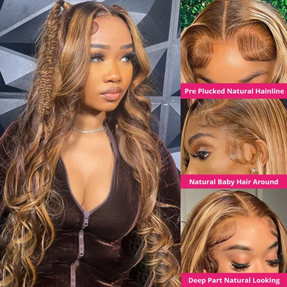 Ldjoy Wigs Highlight Body Wave Wig P4/27 Color 4x4 Transparent Lace Closure Wigs Human Hair for Black Women