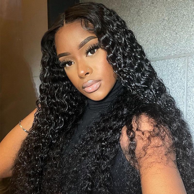 Ldjoy Curly T Part Wig Black Free Middle Part Pre-plucked Transparent Lace Closure Wigs for Women 180% Density