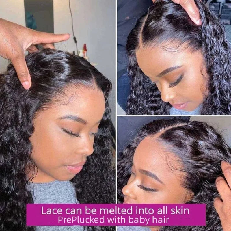 Ldjoy Curly T Part Wig Black Free Middle Part Pre-plucked Transparent Lace Closure Wigs for Women 180% Density