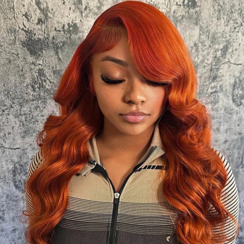 Ldjoy Wigs 13X4 Orange Ginger Lace Front Wigs Pre Plucked Body Wave Wig Brazilian Colored Virgin Wigs for Black Women Invisible Transparent Lace Frontal Wigs Human Hair 180% Density