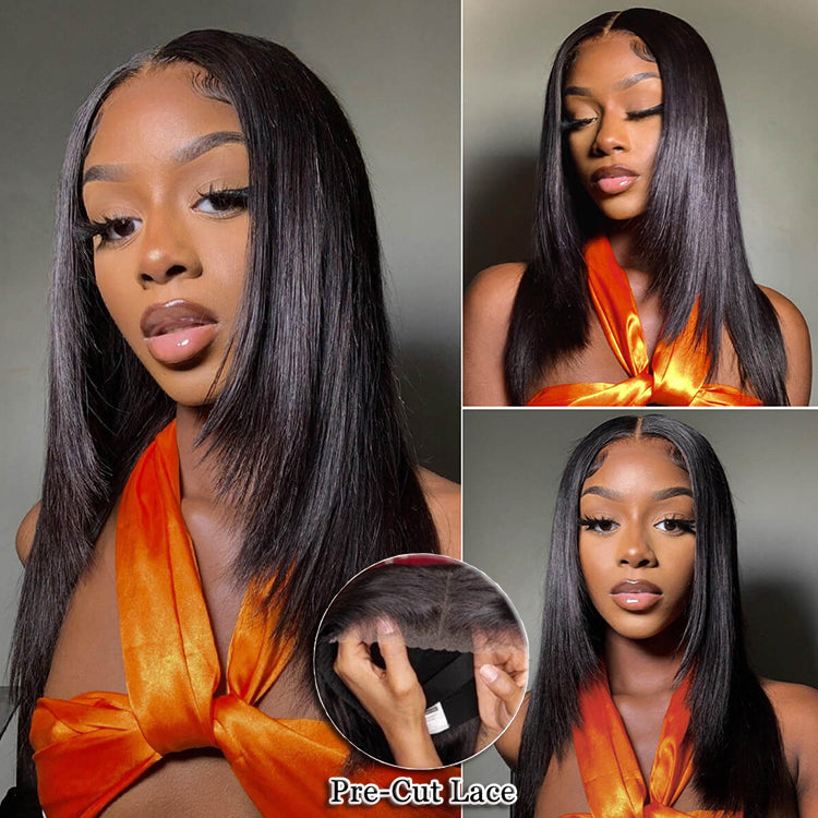 Layered Cut Straight Pre-Cut Lace Glueless Wig Human Hair Wig For Women 180% Density