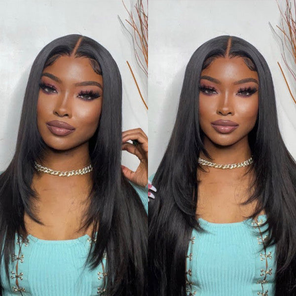 Layered Cut Straight Pre-Cut Lace Glueless Wig Human Hair Wig For Women 180% Density