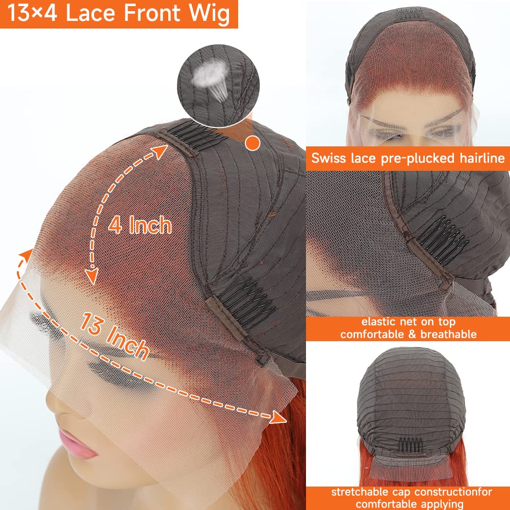Tiktok Ldjoy Ginger Orange Lace Front Wigs Human Hair Pre Plucked Straight 13x4 Lace Frontal Human Hair Wigs Ginger Wig Lace Front Human Hair with Baby Hair 180% Density