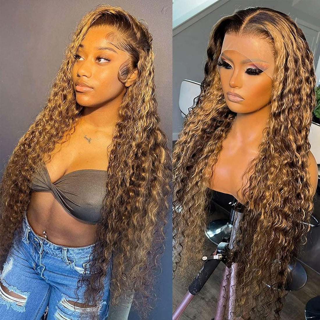 Highlight 4/27 Lace Front Human Hair Wigs Pre Plucked Deep Curly Wave