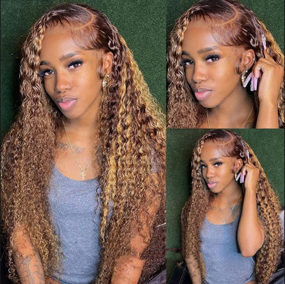 Highlight 4/27 Lace Front Human Hair Wigs Pre Plucked Deep Curly Wave
