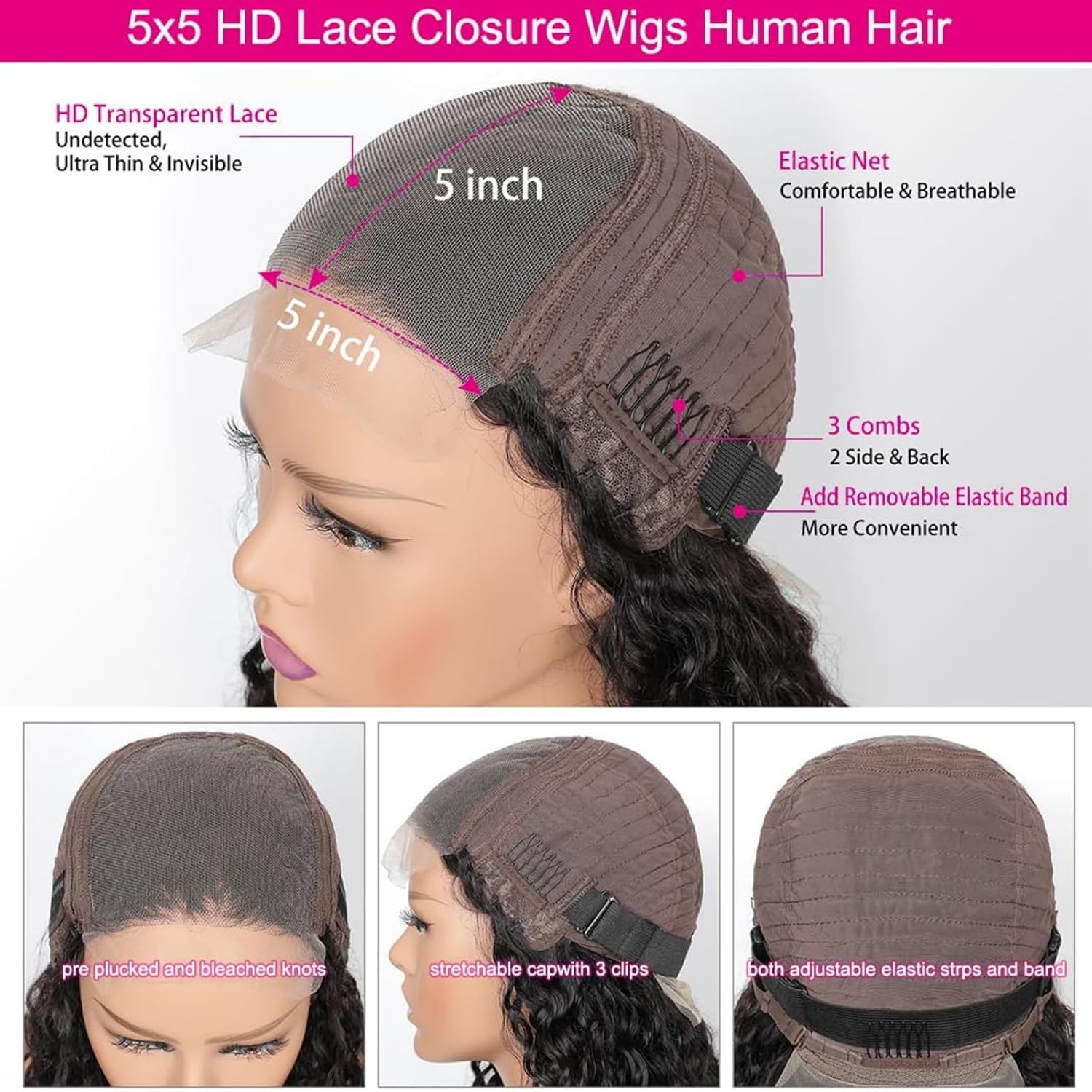 Ldjoy Water Wave 5x5 HD Lace Closure Wig Natural Black Human Hair Wig