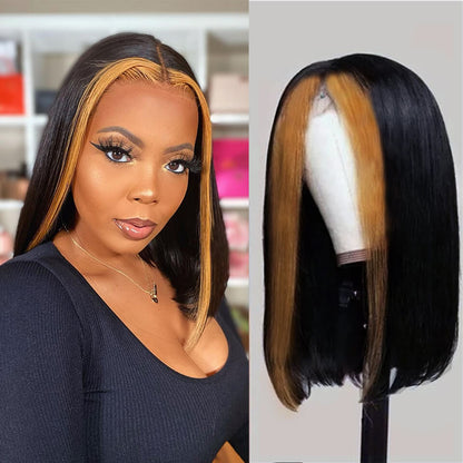 Ldjoy Wigs Faceframing Highlight Bob Wig 13x4 Transparent Lace Bob Wig Lace Front Human Hair Highlight Black Middle Part Bob Wigs Ombre Honey Blonde Straight Lace Front Bob Wigs for Women