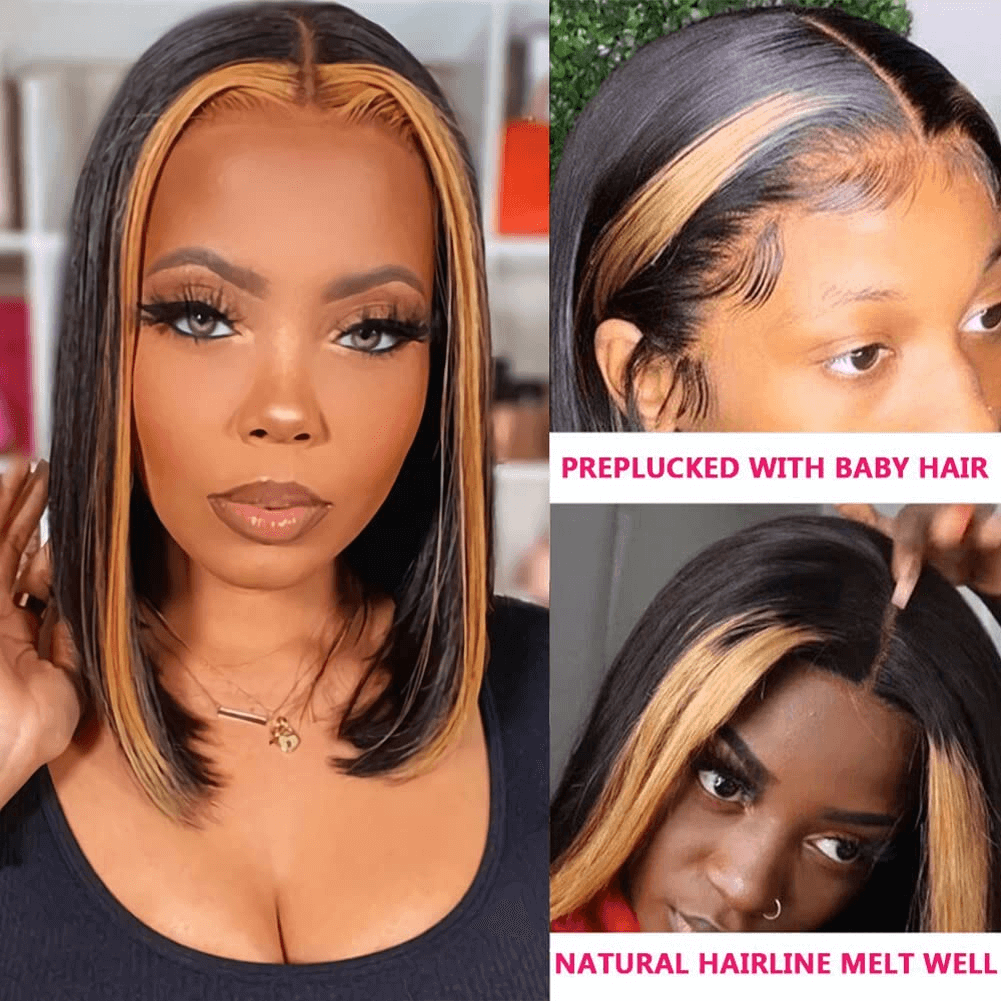 Ldjoy Wigs Faceframing Highlight Bob Wig 13x4 Transparent Lace Bob Wig Lace Front Human Hair Highlight Black Middle Part Bob Wigs Ombre Honey Blonde Straight Lace Front Bob Wigs for Women