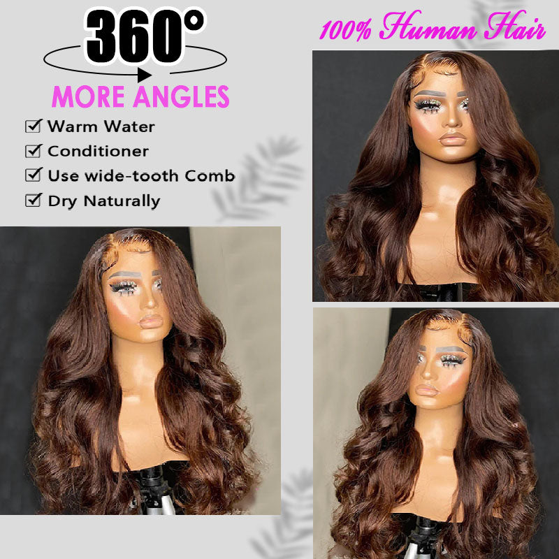 Ldjoy Chocolate Brown Body Wave Human Hair Wig 13x4 Lace Front Wig Pre-plucked For Women