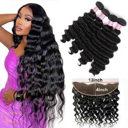 ldjoy Deep Wave 4 Bundles Hair Weft With 13x4 Lace Frontal Human Hair