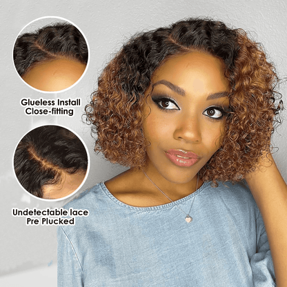 Ldjoy Ombre Lace Closure Wig Human Hair Short Curly Bob Brown Ombre Glueless Wigs Human Hair Pre Plucked With Baby Hair for Black Women 4x4 Lace Closure Brazilian Virgin Hair Dark Roots Wig