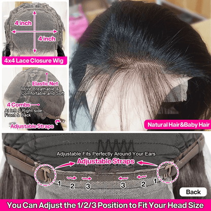 Ldjoy Wigs 4x4 Straight Lace Closure Wigs Pre Plucked Bleached Knots with Baby Hair 180 Density for Black Women Natural Black Color