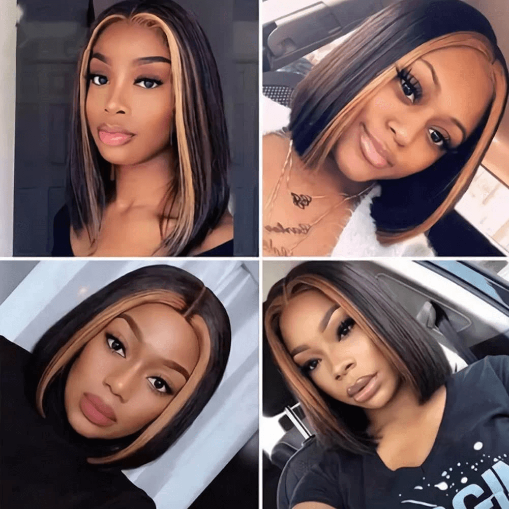 Ldjoy Wigs Faceframing Highlight Bob Wig 13x4 Transparent Lace Bob Wig Lace Front Human Hair Highlight Black Middle Part Bob Wigs Ombre Honey Blonde Straight Lace Front Bob Wigs for Women