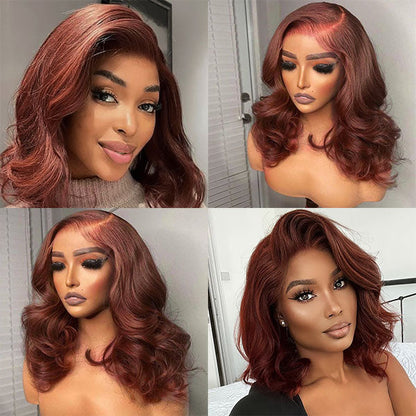 Reddish Auburn Color Bob Body Wave Human Hair Color For Dark Skins 13x4 Lace Front Wigs
