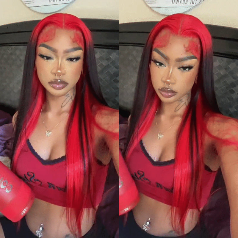 Ldjoy Demon Red &amp; Black Two Tones Long Straight 13x4 Human Hair Lace Wig