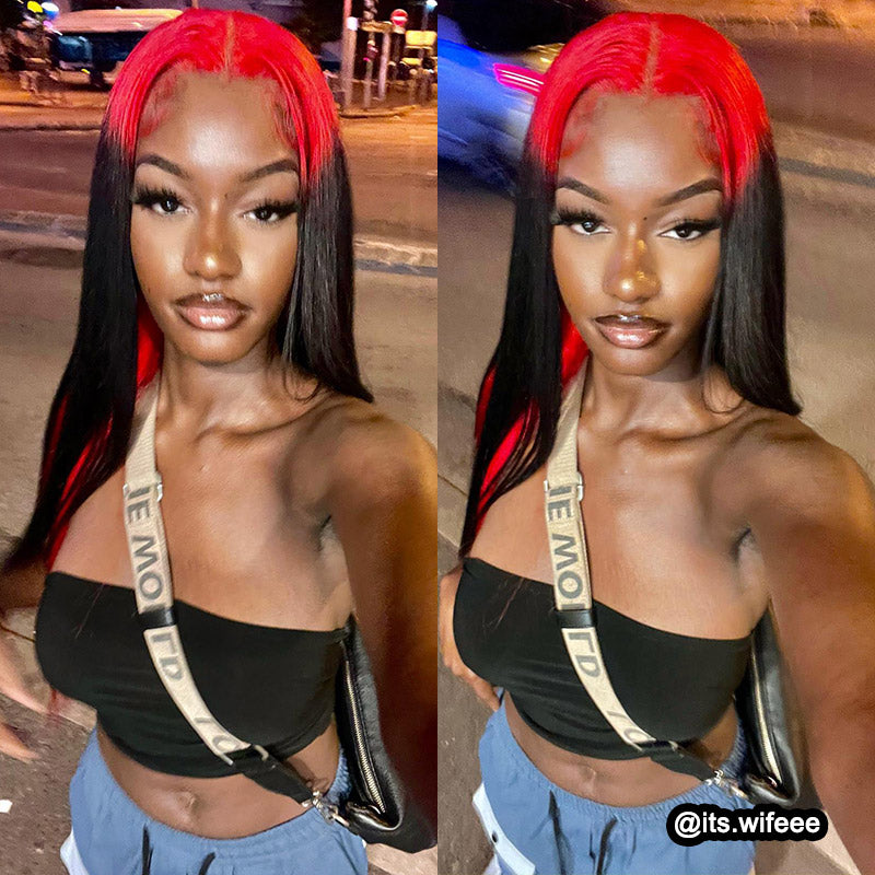 Ldjoy Demon Red &amp; Black Two Tones Long Straight 13x4 Human Hair Lace Wig