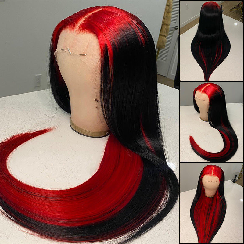 Ldjoy Demon Red &amp; Black Two Tones Long Straight 13x4 Human Hair Lace Wig