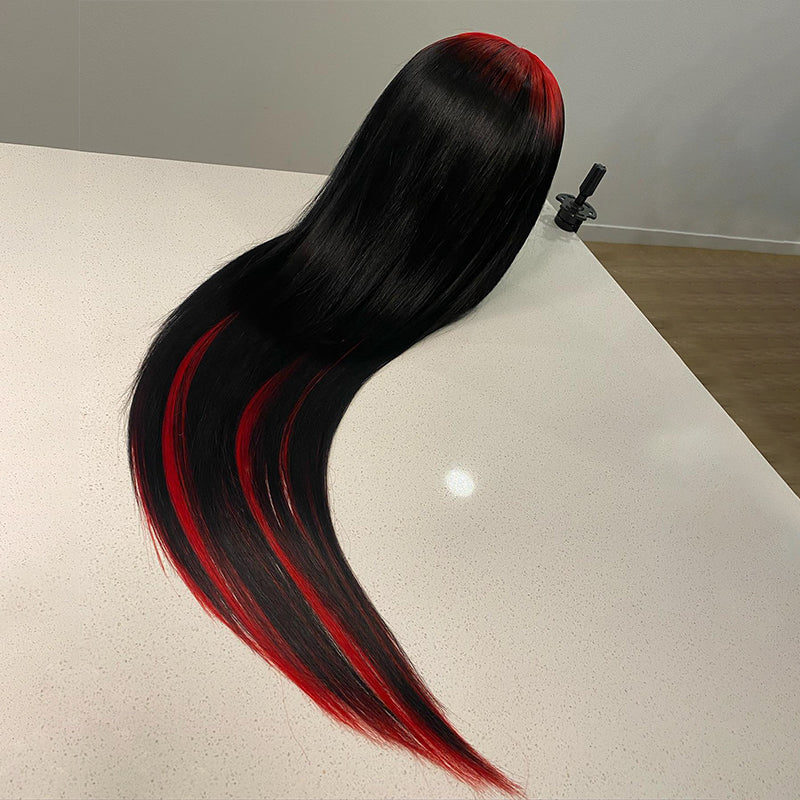 Ldjoy Demon Red &amp; Black Two Tones Long Straight 13x4 Human Hair Lace Wig