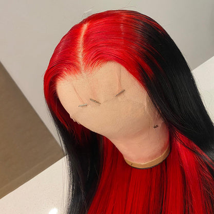 Ldjoy Demon Red &amp; Black Two Tones Long Straight 13x4 Human Hair Lace Wig