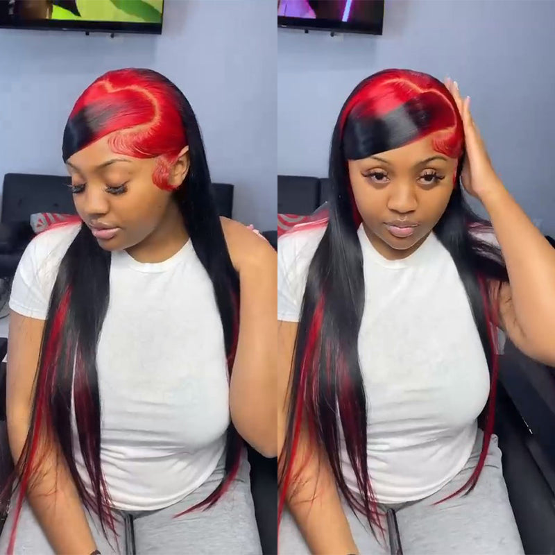 Ldjoy Demon Red &amp; Black Two Tones Long Straight 13x4 Human Hair Lace Wig