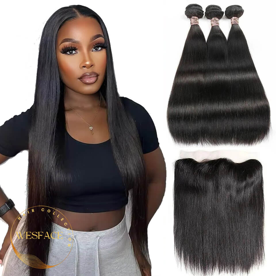 Ldjoy Straight 3 Pcs Bundles Hair Weft With 13x4 Lace Frontal Human Hair