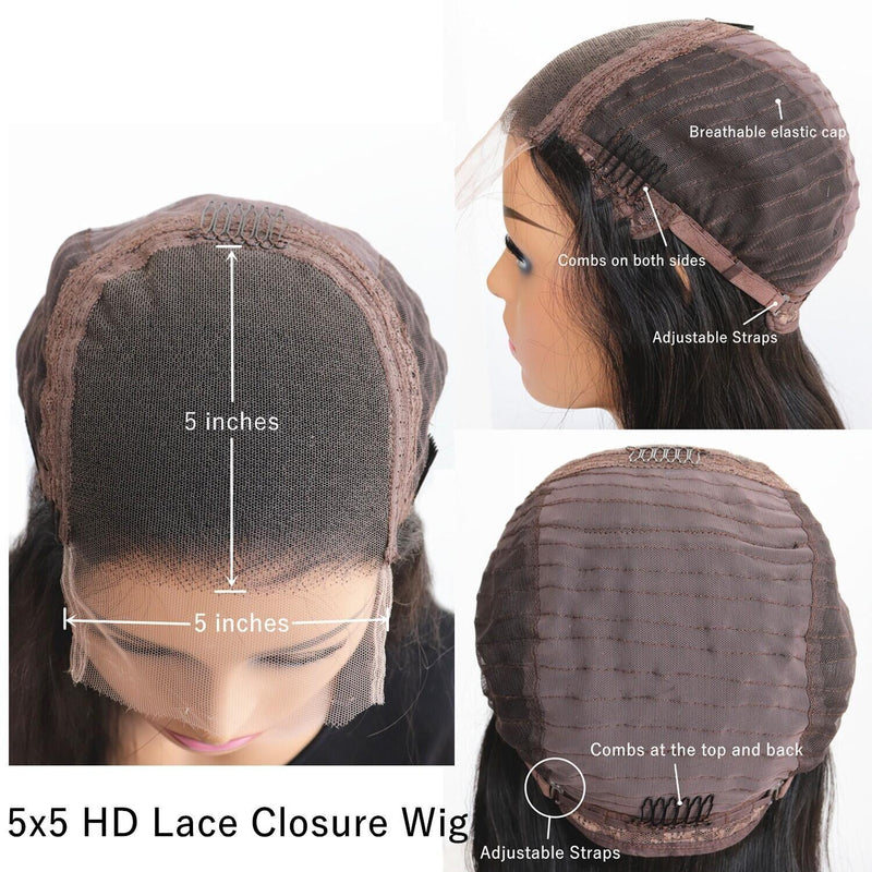 Ldjoy Straight 5x5 HD Lace Closure Wig Natural Black Human Hair Wig