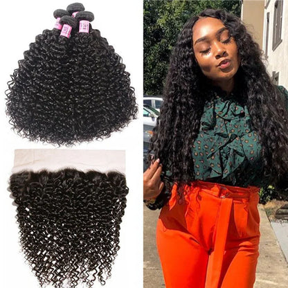Ldjoy Curly 4 Pcs Bundles Hair Weft With 13x4 Lace Frontal Natural Black Human Virgin hair