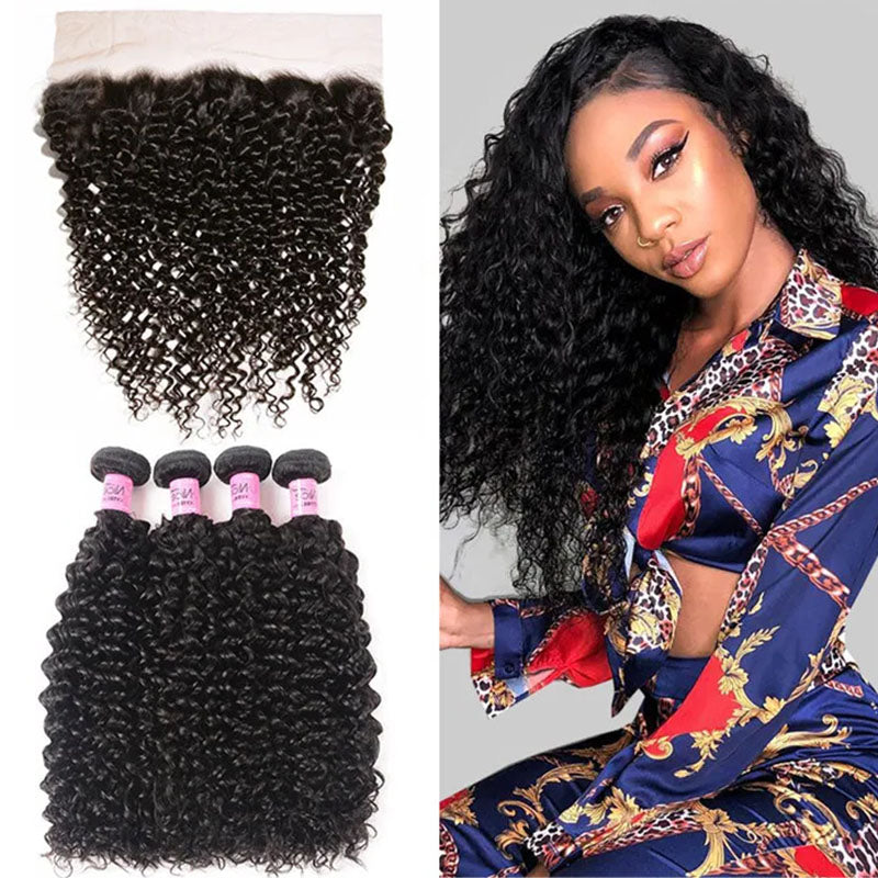 Ldjoy Curly 4 Pcs Bundles Hair Weft With 13x4 Lace Frontal Natural Black Human Virgin hair