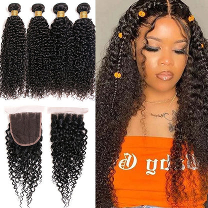 Ldjoy Curly 4 Pcs Bundles Hair Weft With 4x4 Lace Closure Human Virgin Hair