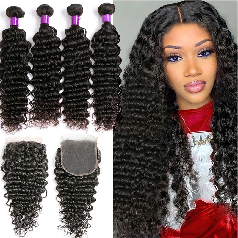 Ldjoy Curly 4 Pcs Bundles Hair Weft With 4x4 Lace Closure Human Virgin Hair