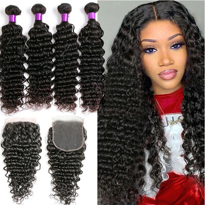 Ldjoy Curly 4 Pcs Bundles Hair Weft With 4x4 Lace Closure Human Virgin Hair