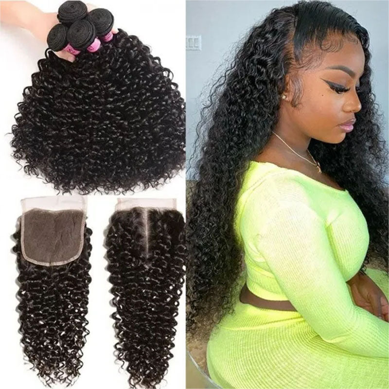 Ldjoy Curly 4 Pcs Bundles Hair Weft With 4x4 Lace Closure Human Virgin Hair