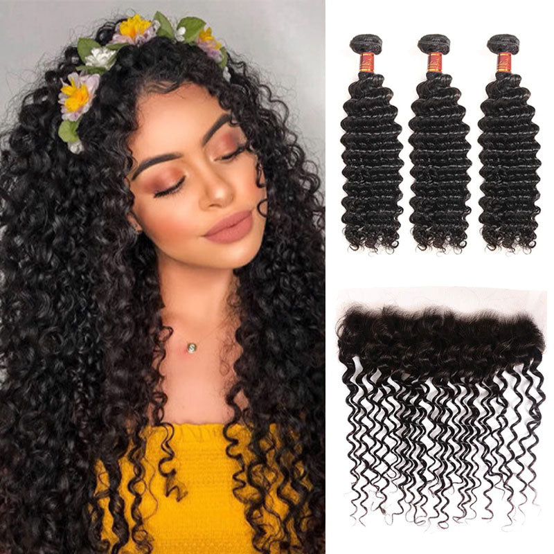 Ldjoy Deep Wave 3 Bundles Hair Weft With 13x4 Lace Frontal Human Hair