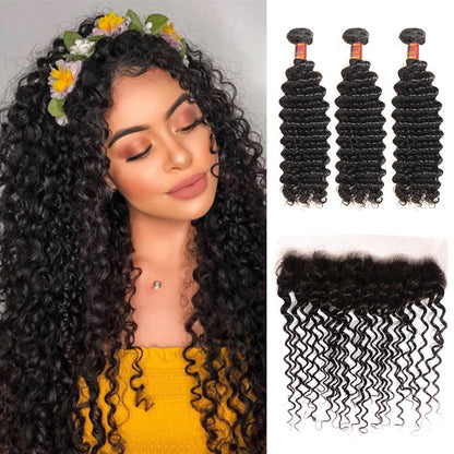 Ldjoy Deep Wave 3 Bundles Hair Weft With 13x4 Lace Frontal Human Hair