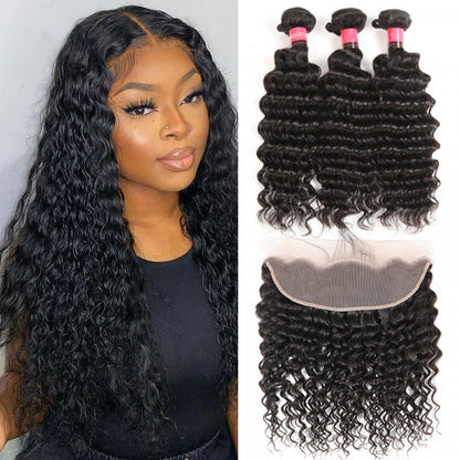 Ldjoy Deep Wave 3 Bundles Hair Weft With 13x4 Lace Frontal Human Hair