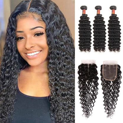 Ldjoy Deep Wave 3 Bundles Hair Weft With 4x4 Lace Closure Human Hair
