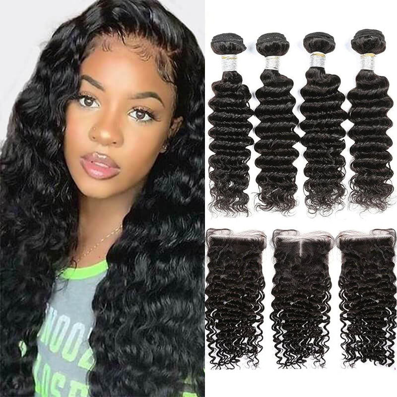 Ldjoy Deep Wave 4 Bundles Hair Weft With 4x4 Lace Closure Human Hair