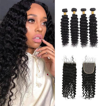 Ldjoy Deep Wave 4 Bundles Hair Weft With 4x4 Lace Closure Human Hair
