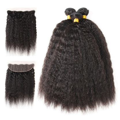 Ldjoy Kinky Straight 3 Pcs Bundles Hair Weft With 13x4 Lace Frontal Natural Black Human Hair
