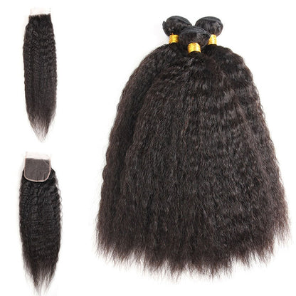 Ldjoy Kinky Straight 3 Pcs Bundles Hair Weft With 4x4 Lace Closure Natural Black Human Hair